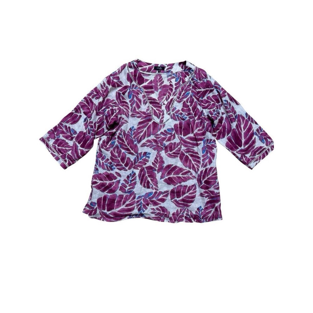 Rafaella 1X 100% Linen Tropical Leaf Tunic Top Pink Blue